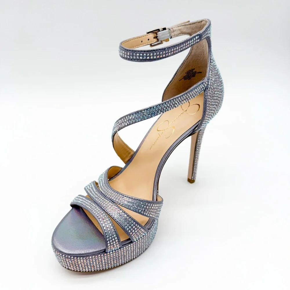 Jessica Simpson Shyremin Rhinestone Platform Stiletto Sandals Silver Glam 8 NEW